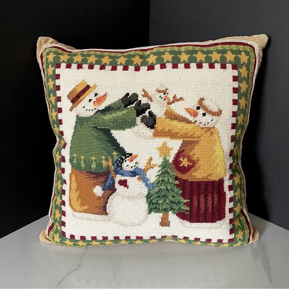 Snowman Family Needlepoint Holiday Pillow